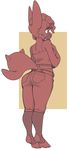  anthro butt clothed clothing female hair polywomple red_theme scalie smile solo standing teeth 