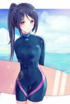  artist_name blue_hair blush breasts closed_mouth cowboy_shot highres lens_flare light_smile long_hair looking_at_viewer love_live! love_live!_sunshine!! matsuura_kanan ponytail purple_eyes sidelocks signature small_breasts solo surfboard thighs tr_(hareru) wetsuit 