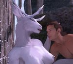  2016 anthro antlers areola breasts brown_hair cervine deer duo eye_contact female forest fur hair hattonslayden hi_res horn human human_on_anthro interspecies male male/female mammal nipples nude open_mouth pink_nipples snow teeth tree white_fur 