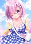  alternate_costume arms_behind_back bag bangs blue_sky blush bow breasts casual character_doll cleavage closed_mouth cloud collarbone day dress fate/grand_order fate_(series) fou_(fate/grand_order) glasses hair_over_one_eye holding holding_bag hood hood_down hoodie looking_at_viewer mash_kyrielight medium_breasts mitsuba_choco open_clothes open_hoodie petals pink_hair plaid plaid_dress purple_eyes short_hair sky solo themed_object 