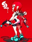  back bangs bike_shorts blunt_bangs breasts domino_mask dual_wielding from_behind full_body holding ink_tank_(splatoon) inkling layered_clothing looking_at_viewer looking_back mask pointy_ears red_background red_eyes shoes simple_background small small_breasts sneakers solo splat_dualies_(splatoon) splatoon_(series) splatoon_2 tank_top toridamono 