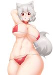  animal_ears arm_up armpits bare_shoulders bikini blush breasts collar commentary_request cowboy_shot curvy eyebrows highres inubashiri_momiji large_breasts looking_at_viewer navel open_mouth red_eyes short_hair silver_hair solo swimsuit tail thick_eyebrows thighs tochinoko touhou transparent_background wolf_ears wolf_tail 