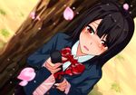  black_hair black_skirt blazer blue_jacket blurry blush bow bowtie cherry_blossoms cowboy_shot crying crying_with_eyes_open depth_of_field diploma dutch_angle from_above jacket kumatsugawa long_sleeves looking_at_viewer looking_up open_blazer open_clothes open_jacket original outdoors parted_lips petals pink_sweater pink_vest pleated_skirt red_eyes school_uniform short_hair skirt streaming_tears striped striped_bow striped_neckwear sweater tears tree under_tree uniform vest 