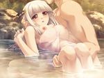  1boy 1girl game_cg hot_springs minami_urara minna_daisuki_kozukuri_banchou naked_towel open_towel orange_eyes outdoors silver_hair 