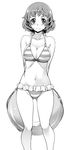  arms_behind_back ass_visible_through_thighs bangs bikini blush bob_cut breasts cleavage closed_mouth collarbone commentary greyscale highres hips holding innertube looking_at_viewer medium_breasts monochrome nagayori navel original short_hair simple_background smile solo standing striped striped_bikini swimsuit thighs 
