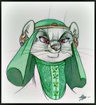  angry anthro ear_piercing female ferret fortunatafox frown fur glare hood looking_at_viewer mammal mustelid piercing princess princess_kurda red_eyes redwall royalty solo white_fur 