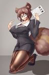  animal_ears breasts brown_eyes brown_hair brown_legwear commentary_request formal futatsuiwa_mamizou glasses highres jacket kneeling large_breasts looking_at_viewer miniskirt notepad office_lady pantyhose parted_lips pencil_skirt pointing raccoon_ears raccoon_tail skirt skirt_suit smile solo suit tail thighband_pantyhose tochinoko touhou 