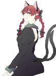  animal_ears back bow braid cat_ears cat_tail colorized commentary_request dress extra_ears hair_bow hair_ornament highres juliet_sleeves kaenbyou_rin long_hair long_sleeves looking_at_viewer looking_back multiple_tails nekomata nicutoka pointy_ears puffy_sleeves red_eyes red_hair simple_background sketch smile solo tail touhou twin_braids white_background 