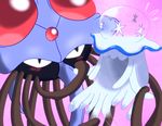  blush flying_sweatdrops gen_1_pokemon gen_7_pokemon jellyfish nihilego no_humans pink_background pokemon pokemon_(creature) ramune_dama simple_background tentacles tentacruel ultra_beast 