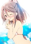  ;d bare_shoulders beer_can bikini blue_sky blush brown_eyes can cloud commentary_request dated day hachimaki headband high_ponytail kantai_collection light_brown_hair long_hair looking_at_viewer one_eye_closed open_mouth outdoors ponytail ragho_no_erika revision signature sky smile solo swimsuit white_bikini zuihou_(kantai_collection) 