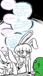  2015 alternate_species anon anthro bonnie_(fnaf) buckteeth chest_tuft clothed clothing dialogue english_text facepalm five_nights_at_freddy&#039;s five_nights_at_freddy&#039;s_2 furrification green_eyes group human inkyfrog lagomorph male mammal open_jacket pointing rabbit restricted_palette sweat sweatdrop teeth text toy_bonnie_(fnaf) tuft video_games wristband 