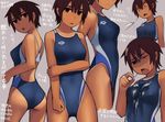  arena_(company) black_eyes black_hair competition_swimsuit expressions kuroha_(lvi) lvi one-piece_swimsuit original revision sexually_suggestive short_hair standing swimsuit syringe tan tanline translation_request 