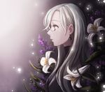  bad_id bad_pixiv_id bangs black_bodysuit blue_eyes bodysuit days_(milktea0778) earrings elizabeth_liones eyelashes flower gradient gradient_background hair_over_one_eye jewelry lavender_(flower) light_particles lily_(flower) long_hair looking_to_the_side nanatsu_no_taizai parted_bangs parted_lips profile purple_flower silver_hair solo white_flower 