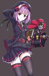 2boys absurdres bag black_legwear black_panties book briefcase colonel_olcott_(fate/grand_order) commentary_request fate/apocrypha fate/grand_order fate_(series) flat_chest hat helena_blavatsky_(fate/grand_order) highres karna_(fate) keychain looking_at_viewer multiple_boys panties pantyshot pantyshot_(standing) purple_eyes purple_hair saiki_rider salute school_uniform short_hair simple_background smile solo_focus standing thighhighs thomas_edison_(fate/grand_order) tree_of_life underwear white_hair zettai_ryouiki 