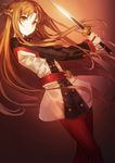 &gt;:( asuna_(sao) bangs belt brown_eyes brown_hair closed_mouth commentary_request cowboy_shot dress from_side frown half_updo holding holding_sword holding_weapon long_hair long_sleeves looking_at_viewer looking_to_the_side pantyhose parted_bangs red_legwear ryokucha_manma serious sidelocks solo sword sword_art_online sword_art_online_the_movie:_ordinal_scale v-shaped_eyebrows very_long_hair weapon 