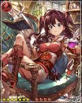  blue_eyes book boots breasts brown_hair card_(medium) chair chemistry cleavage corset cross-laced_footwear earrings heart heart_necklace ichinose_shiki idolmaster idolmaster_cinderella_girls jewelry lace-up_boots long_hair medium_breasts official_art shingeki_no_bahamut skirt solo twintails 