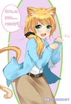  animal_ears bba1985 belt black_scrunchie blonde_hair blue_jacket blush cat_ears cat_tail caucasian commentary_request ellen_baker english green_eyes hair_ornament hair_scrunchie jacket kemonomimi_mode long_hair long_sleeves looking_at_viewer low_ponytail new_horizon non-asian open_mouth paw_pose pencil_skirt revision scrunchie shirt skirt smile solo tail white_shirt 
