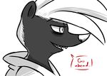  bedroom_eyes clothed clothing dialogue digital_media_(artwork) disney english_text fan_character fur half-closed_eyes happy hugh_muskroura inkyfrog mammal monochrome multicolored_fur naughty_face open_mouth reaction_image seductive simple_background skunk smile teeth text white_background zootopia 
