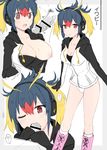  1boy 1girl blush boots breasts censored fellatio headphones heart kanji kemono_friends looking_at_viewer monochrome nipples no_bra one_eye_closed open_clothes open_mouth oral penis pubic_hair rayze rockhopper_penguin_(kemono_friends) saliva short_hair standing tears thighs tongue twintails 