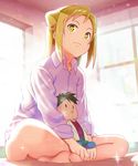  barefoot blonde_hair bottomless character_doll demi-chan_wa_kataritai double_bun dress_shirt highres indian_style indoors looking_at_viewer shirt short_hair sitting smile soles solo sparkle takahashi_tetsuo takanashi_hikari toes tomitayaki v_arms white_shirt window yellow_eyes 