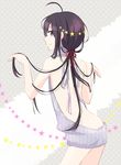  ahoge ass backless_outfit bad_id bad_pixiv_id bare_arms bare_back bare_shoulders black_hair butt_crack closed_mouth cowboy_shot dress from_behind hair_ornament halterneck long_hair looking_back low_ponytail male_focus meme_attire namazuo_toushirou ponytail profile purple_eyes ritsu_(iqpi) sidelocks sleeveless sleeveless_turtleneck smile solo standing star star_hair_ornament sweater sweater_dress touken_ranbu turtleneck turtleneck_sweater very_long_hair virgin_killer_sweater w_arms 