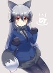  :o animal_ears bangs black_bow black_hair black_legwear black_neckwear blazer blush bow breasts brown_eyes commentary_request eyebrows_visible_through_hair fox_ears fox_girl fox_tail fuuna gradient_hair grey_background grey_hair grey_skirt hair_between_eyes hands_up highres jacket japari_symbol kemono_friends long_hair looking_at_viewer medium_breasts multicolored_hair necktie open_mouth pantyhose pleated_skirt silver_fox_(kemono_friends) simple_background sitting skirt solo tail two-tone_hair very_long_hair 