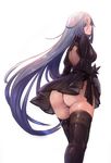  absurdres ass backless_dress backless_outfit black_footwear black_legwear blue_eyes boots breasts commentary cosplay dress eyelashes gloves grey_hair hair_between_eyes highres juliet_sleeves lips long_hair long_sleeves looking_back medium_breasts nekojira nier_(series) nier_automata panties pantyshot parted_lips patterned_clothing puffy_sleeves shiny shiny_skin solo standing thigh_boots thighhighs underwear very_long_hair white_background white_hair yorha_no._2_type_b yorha_no._2_type_b_(cosplay) yorha_type_a_no._2 