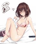  bed_sheet blush bra breasts brown_eyes brown_hair character_name closed_mouth come_hither hair_between_eyes heart kantai_collection lifting_covers looking_at_viewer medium_breasts navel on_bed panties panties_around_ankles panties_removed panty_pull pink_bra pink_panties rizzl seductive_smile sendai_(kantai_collection) short_hair signature simple_background single_thighhigh smile solo thighhighs torpedo two_side_up underwear underwear_only white_background 