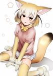  :3 absurdres akechi_shizuku animal_ears bangs between_legs blonde_hair blush commentary dutch_angle elbow_gloves eyebrows_visible_through_hair fennec_(kemono_friends) fox_ears fox_tail gloves grey_skirt hand_between_legs highres jitome kemono_friends looking_at_viewer miniskirt parted_lips pentagon_(shape) pleated_skirt shadow shoes short_sleeves sitting skirt smile solo tail thighhighs wariza white_background yellow_legwear 