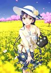  :d blue_hair blurry blush bug butterfly cherry_blossoms commentary_request depth_of_field field flower flower_field hair_ornament hairclip hat hat_flower highres insect jewelry long_hair love_live! love_live!_school_idol_project necklace open_mouth rapeseed_blossoms smile solo sonoda_umi sun_hat tucana yellow_eyes 