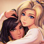  bangs black_hair blonde_hair blue_eyes braid brown_eyes brown_hair casual closed_mouth dark_skin eye_of_horus eyelashes eyeliner facial_mark facial_tattoo hair_ornament hair_tubes hand_on_another's_head holding_another's_head hug long_sleeves looking_at_viewer makeup mascara medium_hair mercy_(overwatch) multiple_girls nose overwatch parted_lips pharah_(overwatch) pink_lips shirt short_hair short_ponytail side_braids signature smile swept_bangs tattoo umigraphics upper_body white_shirt 