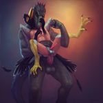  anal anal_penetration anthro athletic avian balls biceps bird claws dinosaur feathers klongi lizard male muscular nude penetration penis reptile scales scalie simple_background solo standing stegosaurus 