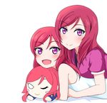  :d blush character_doll commentary_request denshinbashira_(bashirajio!) dual_persona eyebrows_visible_through_hair long_hair looking_at_viewer love_live! love_live!_school_idol_project lying merchandise multiple_girls nesoberi nishikino_maki on_stomach open_mouth purple_eyes red_hair short_sleeves simple_background sleeveless smile time_paradox younger 