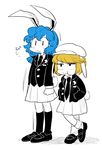  :3 @_@ animal_ears blonde_hair blue_hair bunny_ears bunny_tail clenched_hands crescent dango eating floppy_ears food full_body furukawa_(yomawari) hands_in_pockets hat highres limited_palette multiple_girls no_nose ringo_(touhou) seiran_(touhou) shoes skirt socks spot_color standing tail touhou wagashi 