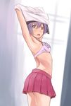  :o armpits arms_up blush bra cowboy_shot highres kantai_collection lingerie looking_at_viewer looking_back open_mouth pink_skirt pleated_skirt purple_bra purple_hair sakawa_(kantai_collection) short_hair skirt solo standing underwear undressing wa_(genryusui) 