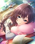  ahoge blue_eyes book book_stack brown_hair chemistry eyebrows_visible_through_hair ichinose_shiki idolmaster idolmaster_cinderella_girls long_hair messy_hair messy_room off_shoulder official_art paper pillow pillow_hug solo strap 