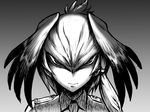  bangs bird_wings collared_shirt frown gradient gradient_background greyscale head_wings horror_(theme) kanno_takanori kemono_friends looking_at_viewer low_ponytail monochrome necktie necktie_on_head parody shirt shoebill_(kemono_friends) side_ponytail solo style_parody ushio_to_tora wings 