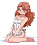  apron barefoot blue_eyes breasts curly_hair dragon_quest dragon_quest_vii hat hat_removed headwear_removed long_hair maribel_(dq7) naked_apron red_hair solo 