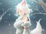  animal_ears bare_shoulders blush breasts breath commentary_request detached_sleeves from_side highres impossible_clothes inubashiri_momiji large_breasts long_sleeves pom_pom_(clothes) profile red_eyes shirt short_hair sleeveless sleeveless_shirt snowing solo tail tochinoko touhou upper_body white_background white_shirt wolf_ears wolf_tail 