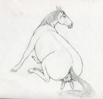  2017 anthro anthro_on_feral bestiality big_butt butt difetra duo equine facesitting feral fur hooves horse lagomorph mammal monochrome nude pencil_(artwork) rabbit simple_background traditional_media_(artwork) white_background 