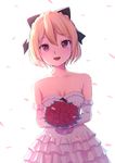  :d backlighting bangs bare_shoulders black_bow blonde_hair blush bouquet bow breasts cherry_blossoms collarbone cowboy_shot dress elbow_gloves erezu eyebrows_visible_through_hair felt_(re:zero) flower frilled_dress frilled_skirt frills gloves hair_between_eyes hair_bow hands_together highres holding holding_bouquet looking_at_viewer medium_breasts open_mouth petals re:zero_kara_hajimeru_isekai_seikatsu red_eyes red_flower short_hair simple_background skirt sleeveless smile solo strapless strapless_dress wedding_dress white_background white_gloves 