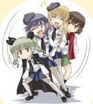  anchovy anzio_school_uniform belt beret black_footwear black_hair black_hat black_legwear black_neckwear black_skirt blonde_hair blouse braid brown_eyes brown_footwear brown_hair caesar_(girls_und_panzer) cape carpaccio choo_choo_train closed_mouth commentary dancing dress_shirt drill_hair emblem full_body girls_und_panzer green_hair green_skirt hands_on_hips hands_on_thighs hat kitayama_miuki loafers long_hair long_sleeves looking_at_viewer miniskirt multiple_girls neckerchief necktie one_eye_closed ooarai_school_uniform open_mouth pantyhose pepperoni_(girls_und_panzer) pleated_skirt pose red_eyes red_scarf scarf school_uniform serafuku shirt shoes side_braid skirt smile socks squatting standing sweatdrop twin_drills twintails wavy_mouth white_blouse white_legwear white_shirt 