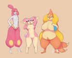  &lt;3 2017 alternate_species anthro anthrofied armpits audino blue_eyes blush breasts brown_background clothed clothing english_text featureless_breasts featureless_crotch female floatzel gomegapokemon group hand_on_hip humanoid humanoidized looking_at_viewer medicham multi_tail nintendo nude pok&eacute;mon pok&eacute;morph signature simple_background smile text topless video_games voluptuous wide_hips 