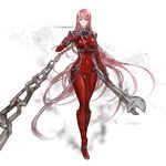  96dgd absurdres bodysuit breasts chain commentary_request dungeon_and_fighter female_slayer_(dungeon_and_fighter) highres korean_commentary large_breasts long_hair looking_at_viewer oversized_object pink_eyes pink_hair skin_tight smile solo wrench 