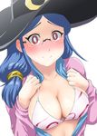  bikini_top blue_hair blush breasts bright_pupils cleavage cosplay demi-chan_wa_kataritai embarrassed glasses hat large_breasts little_witch_academia long_hair looking_at_viewer open_clothes red_eyes rimless_eyewear satou_sakie satou_sakie_(cosplay) season_connection simple_background sketch smile solo ueyama_michirou upper_body ursula_charistes white_background witch witch_hat 