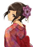 absurdres brown_eyes brown_hair commentary_request flower hair_flower hair_ornament highres japanese_clothes kimono looking_back nape original short_hair shunga_(shun608) simple_background smile solo tied_hair traditional_media white_background yukata 