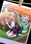  beads black_bow black_hairband blunt_bangs bow capelet character_doll commentary_request dragon_girl dragon_horns dragon_tail eyebrows_visible_through_hair gradient_hair hair_beads hair_ornament hairband horns kanna_kamui kobayashi-san_chi_no_maidragon kobayashi_(maidragon) lavender_hair licking low_twintails multicolored_hair photo_(object) saliva tail tail_licking tooru_(maidragon) twintails white_legwear yukihiro_(kimizora) 