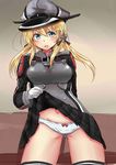  anchor_hair_ornament black_legwear blonde_hair blue_eyes blush bow bow_panties chan_(akuty_ikkot) gloves green_eyes hair_ornament hat highres kantai_collection lifted_by_self long_hair microskirt panties peaked_cap prinz_eugen_(kantai_collection) skirt skirt_lift solo thighhighs underwear uniform white_gloves white_panties 