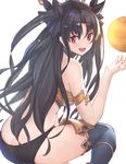  armlet asarokuji ass asymmetrical_legwear ball bare_shoulders black_hair black_panties blurry breasts butt_crack commentary_request depth_of_field fate/grand_order fate_(series) from_behind hair_ribbon highres ishtar_(fate/grand_order) jewelry long_hair looking_at_viewer looking_back medium_breasts neck_ring open_mouth panties red_eyes ribbon simple_background single_thighhigh sitting smile solo thighhighs two_side_up underwear white_background 