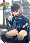  ahoge aqua_eyes artoria_pendragon_(all) baozi baseball_cap blonde_hair blue_jacket blush commentary_request eating fate/grand_order fate_(series) food hat highres jacket long_hair looking_at_viewer mysterious_heroine_x planted_sword planted_weapon rojiura_satsuki:_chapter_heroine_sanctuary saiki_rider scarf shorts sketch smile solo squatting sword track_jacket weapon 